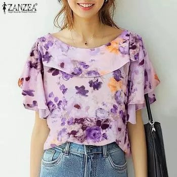 ZANZEA Женская свободная повседневная летняя блузка с коротким рукавом и цветочным принтом S жёлтый