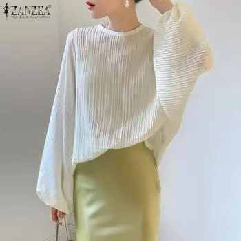 ZANZEA Женская свободная повседневная весенняя блузка с круглым вырезом и рукавами «летучая мышь» L чёрный