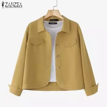 ZANZEA Женская Свободная Простая Блузка с Отложным Воротником И Длинными Рукавами S хаки