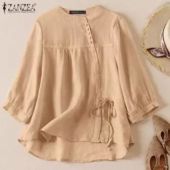 ZANZEA Женская свободная рубашка с круглым вырезом и длинными рукавами, косой планкой и завязкой на пуговицах S светло-коричневого