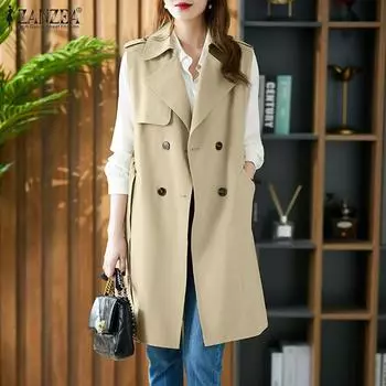 ZANZEA женская свободная ветровка без рукавов с лацканами и пуговицами, однотонная свободная куртка с карманом и поясом