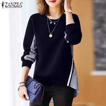 ZANZEA Женская толстовка-пуловер Повседневная с длинным рукавом в полоску в стиле пэчворк S хаки