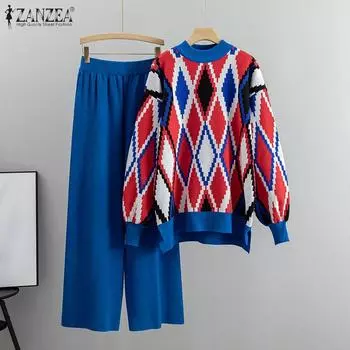 ZANZEA Женская блузка и брюки с геометрическим принтом, повседневные тонкие комплекты из двух предметов S синий