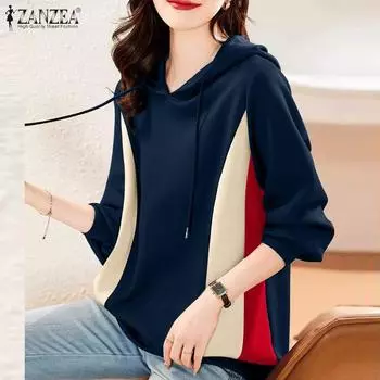 ZANZEA Женская толстовка с капюшоном и длинными рукавами в стиле пэчворк S темно-синий