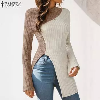 ZANZEA Женская трикотажная повседневная блузка с круглым вырезом и длинными рукавами XL темно-зеленого