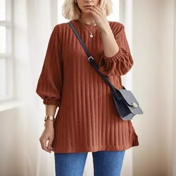 ZANZEA Женская трикотажная повседневная блузка свободного кроя с рукавом 3/4 и круглым вырезом M коричневый