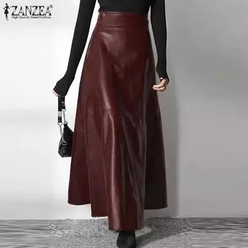 Женская юбка-клеш из искусственной кожи с высокой талией и боковой молнией ZANZEA XL светло-коричневого