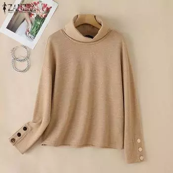 ZANZEA Женская весенняя водолазка с длинным рукавом, блузка-пуловер S белый