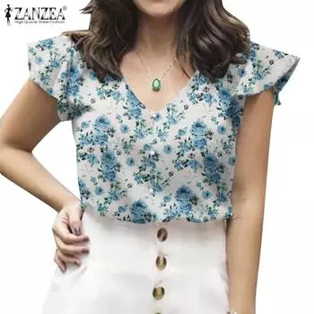 ZANZEA Женская винтажная блузка с V-образным вырезом и короткими рукавами с цветочным принтом S жёлтый