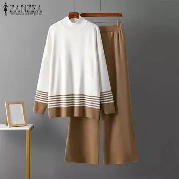 ZANZEA Женская винтажная футболка с длинным рукавом и воротником-стойкой в полоску, комплект из широких брюк S коричневый