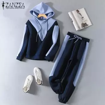 ZANZEA Женская винтажная толстовка с длинным рукавом контрастного цвета с капюшоном и прямыми брюками S светло-синий