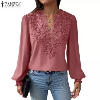 ZANZEA Женская вязаная крючком блузка с V-образным вырезом и длинным рукавом в стиле пэчворк 3XL чёрный