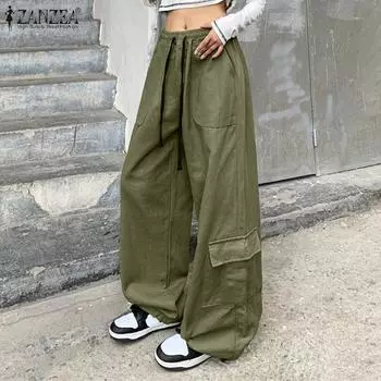 ZANZEA женские эластичные поясные завязки с карманами, однотонные свободные широкие брюки для спецодежды