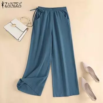 ZANZEA Женские эластичные свободные повседневные однотонные хлопковые брюки