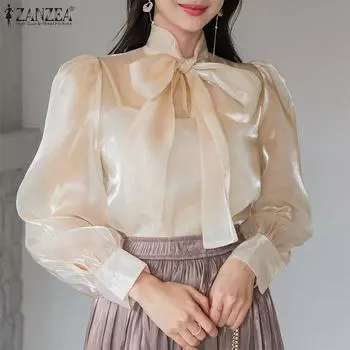 ZANZEA Женские элегантные блузки с длинным рукавом и завязанным воротником 2XL зелёный