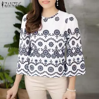 ZANZEA Женские элегантные блузки с круглым вырезом и рукавом 3/4 с цветочным принтом на талии чёрный