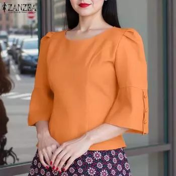 ZANZEA Женские элегантные блузки с круглым вырезом и рукавом 3/4 S розовый