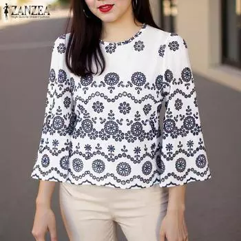 ZANZEA Женские элегантные блузки с круглым вырезом и рукавом 3/4 с цветочным принтом на талии S чёрный