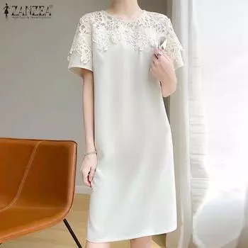 ZANZEA Женские элегантные кружевные однотонные платья с круглым вырезом и коротким рукавом 4XL чёрный