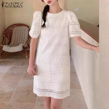 ZANZEA Женские элегантные кружевные платья с круглым вырезом и коротким рукавом с принтом S белый