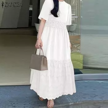 ZANZEA Женские элегантные кружевные платья с круглым вырезом и короткими рукавами S белый