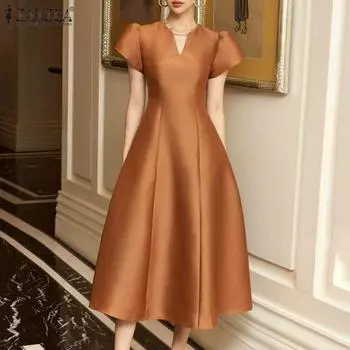 ZANZEA Женские элегантные платья А-силуэта с V-образным вырезом и коротким рукавом S коричневый