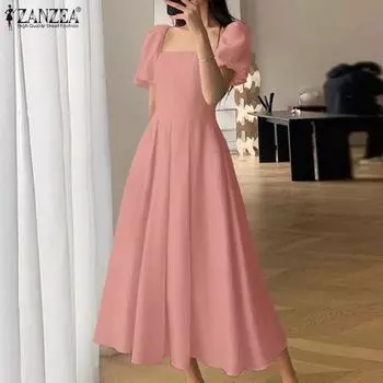 ZANZEA Женские элегантные платья А-силуэта с квадратным вырезом и короткими рукавами, плиссированной талией S розовый