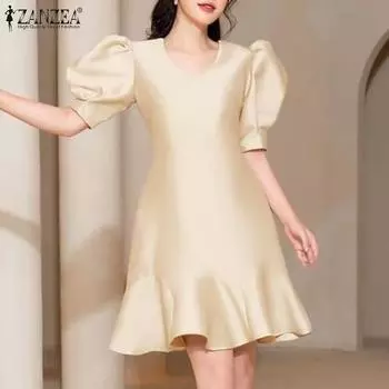 ZANZEA Женские элегантные платья А-силуэта с V-образным вырезом и рукавом до талии 5XL бежевый