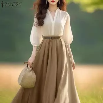 ZANZEA Женские элегантные платья-фонарики с V-образным вырезом и короткими рукавами, приталенные, с А-силуэтом S зелёный