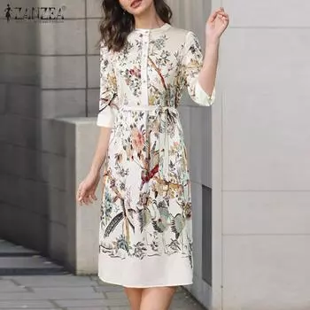 ZANZEA Женские элегантные платья с круглым вырезом и рукавом 3/4 с принтом и завязками L