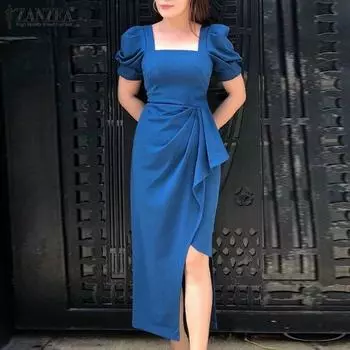 ZANZEA Женские элегантные платья с квадратным вырезом и коротким рукавом, на талии и бедрах S синий