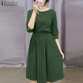 ZANZEA Женские элегантные полосатые платья с круглым вырезом и рукавом 3/4 жёлтый