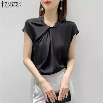 ZANZEA Женские элегантные шелковистые рубашки с короткими рукавами, асимметричные топы, блузка