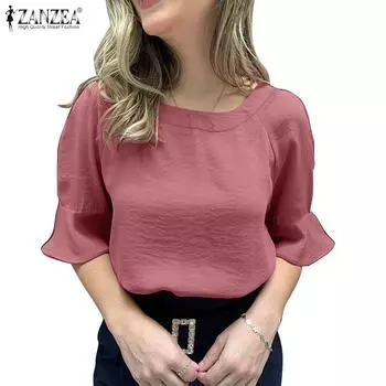 ZANZEA Женские элегантные свободные повседневные блузки с расклешенными рукавами и половиной рукавов