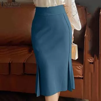 ZANZEA Женские элегантные тонкие юбки-карандаш с высокой талией и разрезом 4XL чёрный