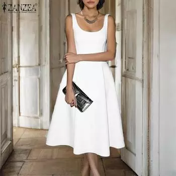 ZANZEA Женские элегантные винтажные платья А-силуэта с U-образным вырезом и без рукавов S белый