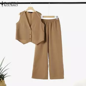 ZANZEA Женские безрукавки, топы и брюки, повседневные комплекты из двух предметов S белый