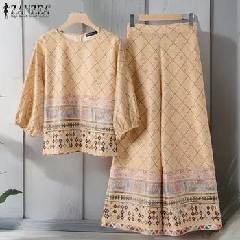 ZANZEA Женские блузка с рукавом 3/4 и брюки, повседневный комплект из двух предметов с принтом S