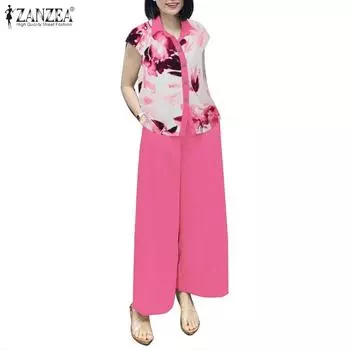 ZANZEA Женские блузки и брюки с принтом, летние комплекты из двух предметов S белый