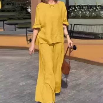 ZANZEA Женские блузки и брюки Свободные повседневные комплекты из двух частей M жёлтый
