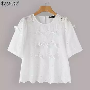 ZANZEA Женские блузки с круглым вырезом и коротким рукавом, украшенные завязками и волнистым краем S белый