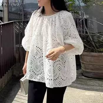 ZANZEA Женские блузки с круглым вырезом и рукавами 3/4 в стиле пэчворк из кружева, связанные крючком S розовый