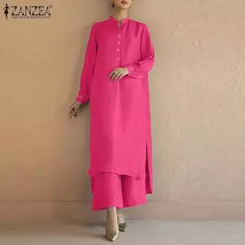 ZANZEA женские брюки с круглым вырезом, длинными рукавами, пряжкой, эластичным поясом и боковыми карманами