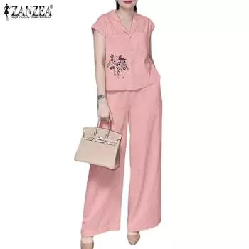 ZANZEA Женские цветочные блузки и брюки Летние комплекты из двух предметов S розовый