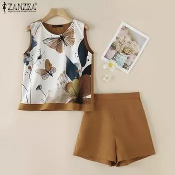 ZANZEA Женские цветочные майки и шорты Летние комплекты из двух предметов L белый
