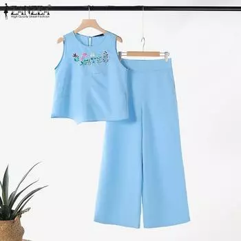 ZANZEA Женские цветочные топы и брюки, повседневные комплекты из двух частей 3XL белый