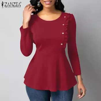 ZANZEA женские деревянные серьги с круглым вырезом и длинными рукавами, однотонная блузка с декоративными пуговицами на талии, подол M чёрный