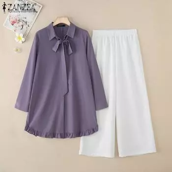 ZANZEA Женские длинные блузки и брюки, повседневные комплекты из двух частей S темно-зеленого