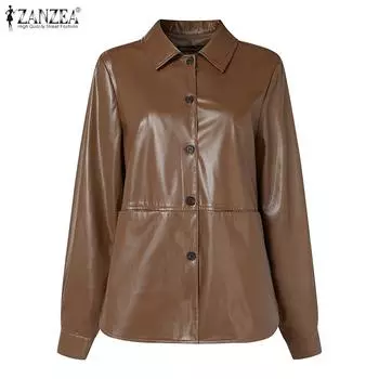 ZANZEA Женские длинные куртки из искусственной кожи с отложным воротником S чёрный