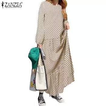 ZANZEA женские длинные однотонные свободные повседневные платья с круглым вырезом и длинными рукавами в горошек